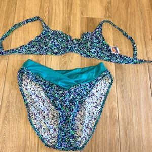 Vintage 90s bikini floral pattern cross waist & high cut bottoms X-Large top 36D